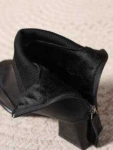 Women's Square Toe High Heel Shoes, Thick Heel Faux Leather Boots With Back Zipper, Suitable For Autumn/Winter - Black - View 6