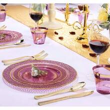 150PCS Clear Black Plastic Plates - Gold Party Plates - Black And Gold Dinnerware Set Include: 50 Plate, 25Cups, 25Forks, 25Knives, 25Spoons For New Year & Party & Father's Day - Purple - View 4