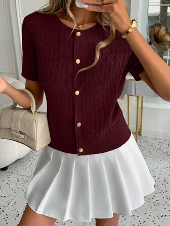 Cardigan corto con bottoni e maniche corte, in verde oliva e bianco, a maglia intrecciata, con design strutturato, adatto per primavera, estate e autunno, vestibilità media a forma di H, per strati, cardigan stagionale di moda