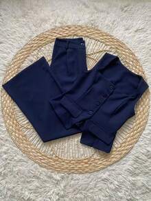 Formal Set Wide Leg Pants High Waist Pockets Tailoring Vest Buttons Simple Elegant Casual Pocket Zipper - Màu xanh hải quân - Xem 2