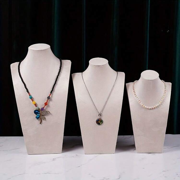 Beige Suede Necklace Display Stand, Human Figure Jewelry Bust Necklace Holder Stand, Store Counter Display Prop - Beige - View 10