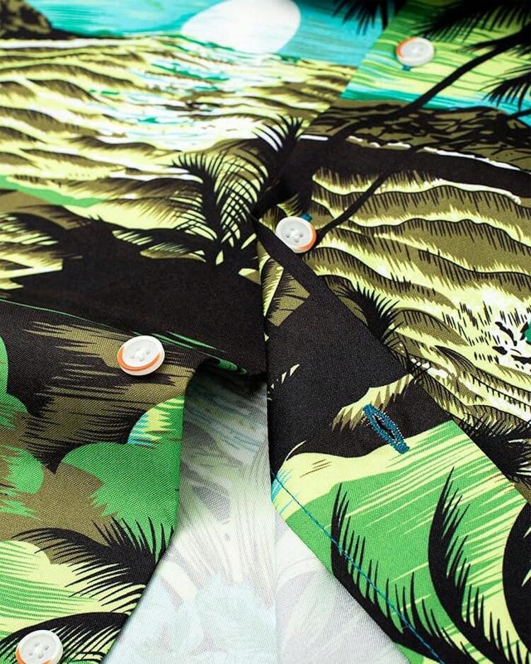 Hawaiian Shirt For Men Summer Beach Casual Short Sleeve Button Down Shirts Printed Tropical Vacation Shirtshalloween - Green Beach - 查看 4