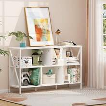Horizontal Bookshelf Bookcase,6 Cube Storage Organizer With Open Shelf,47 Inch Industrial Low Wide Wood And Metal Cubby Shelf,Long Shelving Unit For Home Office Living Room(White,6 Cube) - 白色 - 查看 5