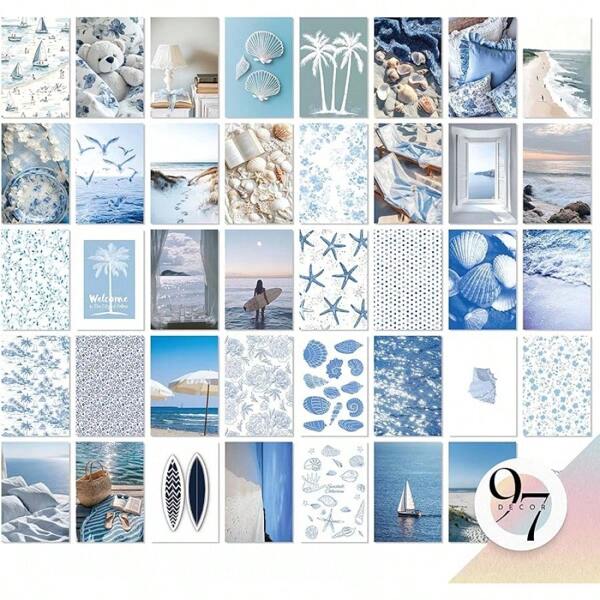 Chicchokok97 Decor Coastal Wall Art - 40 Pcs Blue Ocean Art Prints, Beachy Collage, Summer Pictures, Beach Wall Decor Bedroom Dorm (4x6)