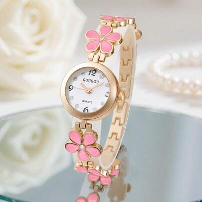1 pieza Correa de reloj con estampa floral para mujer, con esfera redonda, reloj de cuarzo analógico, diseño lindo y de moda, ideal como regalo de inauguración escolar u obsequio navideño