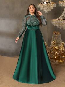 Faeriesty Curve Plus Elegant Mock Neck Evening Gown With Sheer Sleeves - A-Line Satin Skirt, Rhinestone Embellishments For Galas, Wedding Banquets, Proms & Black Tie Affairs