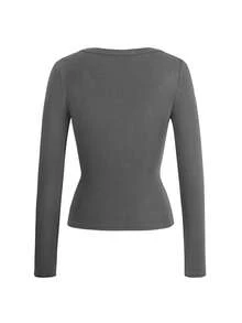 Maglietta a maniche lunghe aderente in maglia, scollo a V, colore unito, adatta per San Valentino, per donna Vaiaye - Grigio - Visualizzare 4