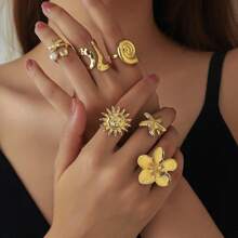 6pcs Fashionable & Unique Sun, Flower, Geometric Multi-Element Metal Design Open Rings Set For Women, Suitable For Outfits, Everyday Wear, Jewelry Accessory