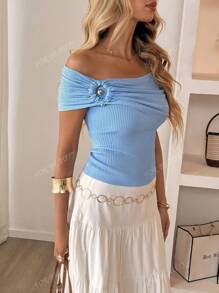 Blusa para mujer de primavera y verano, con hombros descubiertos, estilo informal y elegante para vacaciones, con diseño de anillo circular de un solo hombro, suéter tejido para conciertos