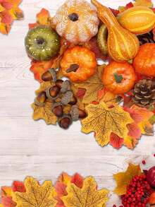 50 件仿真南瓜套装迷你仿真葫芦秋叶橡子装饰适用于丰收感恩节餐桌中心装饰托盘农舍花瓶节日派对家居装饰，假植物