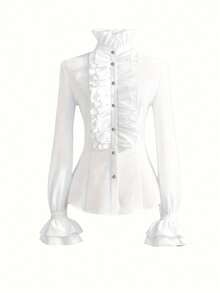 Áo sơ mi nữ dài tay, cài một hàng khuy, màu trắng, cổ bèo nhún, kiểu dáng thời trang mùa xuân. - trắng - Xem 2