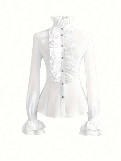 Blusa de mujer de manga larga con cuello de volantes de un solo botonadura, de color blanco, de moda para primavera