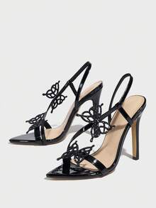 女士高跟鞋，时尚派对和户外穿着，优雅高贵的蝴蝶装饰闪亮皮革踝带尖头凉鞋，黑色