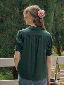 Simple Retro Women's Spring And Summer Holiday Style Embroidery Clashing Buttons Green Elegant Retro Temperament Casual Short-Sleeved Shirt Blouse Top Summer Tops Casual Blouse For Holiday