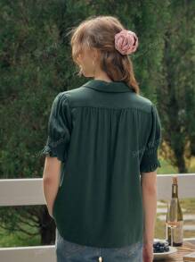 Simple Retro Blusa de verano con estilo retro elegante con botones encontrados, bordados y mangas cortas, para mujer, ideal para uso casual o de vacaciones durante la primavera y el verano