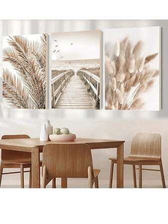 3pcs Decorative Wall Art Modern Minimalist Beige Boho Leaf, Grass, Beach, Boardwalk Landscape Painting Prints For Home Room Decor, Suitable For Living Room, Bedroom, Background Wall, Canvas Only Or With Frame
