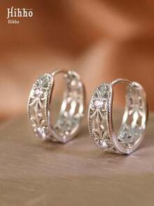 Hihho 1 Pair Vintage Style Hollow Geometric Round Brass Plated Zirconia Earrings With Purple Stones, Fashion Jewelry Gift For Women - Bạc - Xem 2