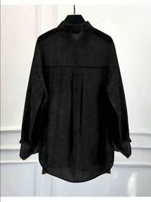 印花翻领单排扣宽松长袖女式衬衫，黑色，春季款 - 黑色 - 查看 2
