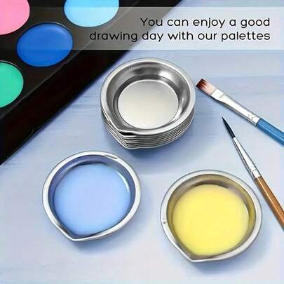 Juego de paletas de pintura de acero inoxidable de 12/6 piezas, bandejas redondas para mezclar para artistas, materiales de arte metálicos duraderos para uso doméstico y escolar.