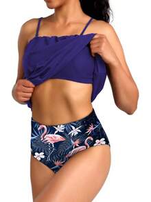 Two Piece Bandeau Tankini Swimsuits Women Loose Blouson Swim Top With Bikini Bottom Tummy Control Bathing Suits - Purple Flamingo - View 4