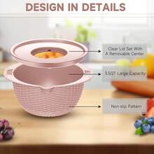 Juego de colador con recipiente - 4 en 1 Colador de alimentos con ralladores y cucharas - Coladores para cocina - Coladores y coladores - Limpiador de frutas con colador para pasta, arroz y verduras, color rosa - Rosa Pálido - Ver 8