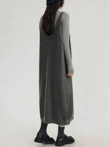 女士休闲修身分层针织连衣裙背心，秋冬 - 深麻灰 - 查看 3