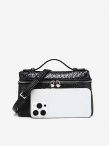 Borsa a mano retrò da donna in stile chic, in pelle intrecciata metallica gialla, adatta per lavoro, feste, vacanze, con tracolla regolabile - nero - Visualizzare 4