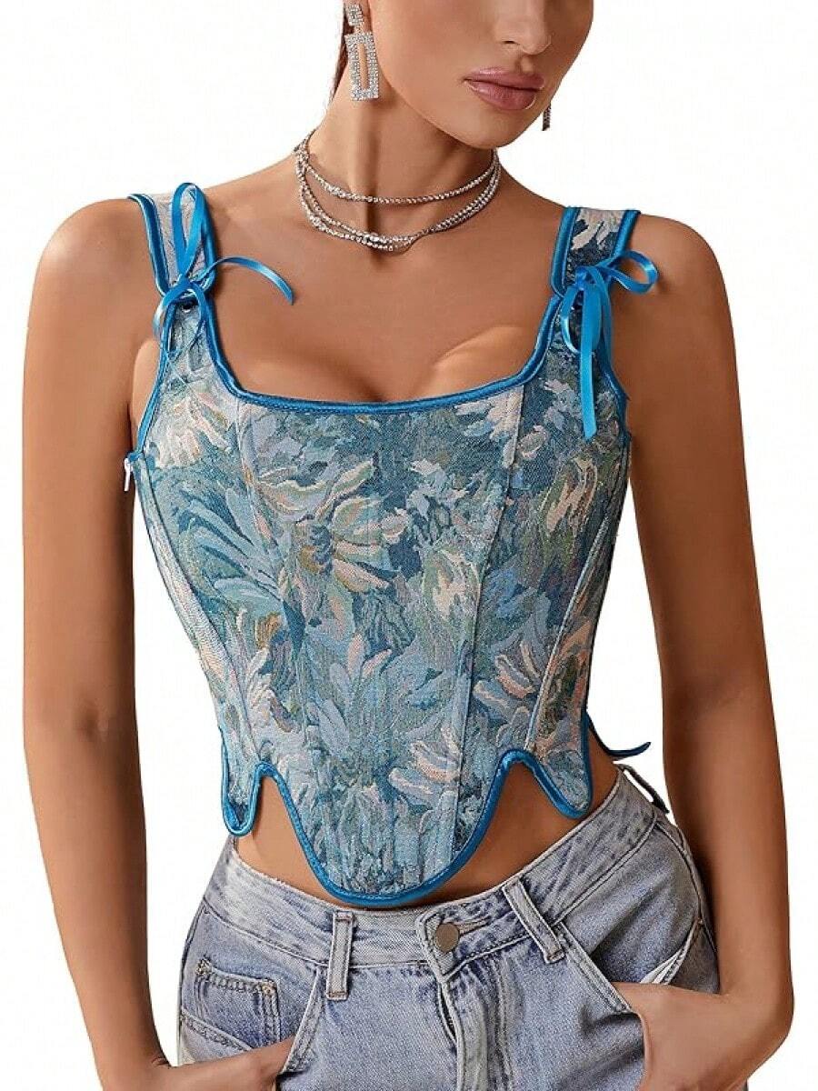 Womens Vintage 1920s Renaissance Lace Trim Corset Bustier, Retro Fashion - 藍色雛菊 - 查看 1