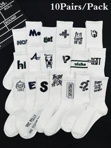 10 Pairs Random Letter Pattern Crew Socks, Mid-Calf Athletic Socks For Men, Street, Basketball, Warm, All Season - White - View 8