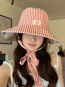 1pc Vintage Check Pattern Applique Contrast Color Drawstring Wide Brim Bucket Hat Boho Vacay Spring/Summer Sun Protection Hat, Bright Monochromatic Looks, Tie Strap UV Protection Travel Accessory - Multicolor - View 6