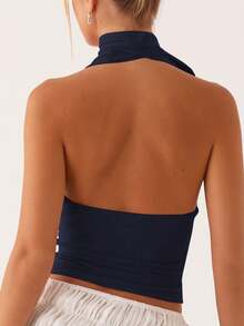 女士系带露背吊带短款上衣，优雅性感，适合派对和休闲场合 - 藏蓝色 - 查看 5