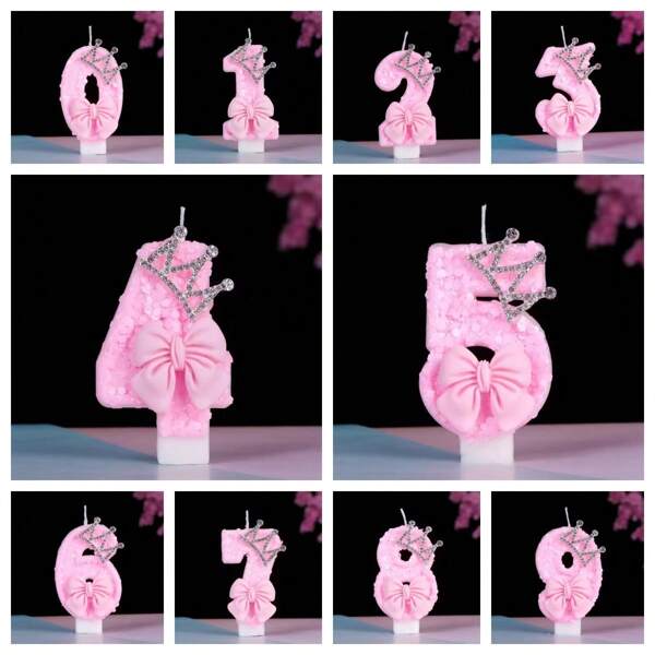 1pc Number 0-9 Digit Birthday Candles, Pink Bow With Crown With Glitter Sequins, Suitable For Birthday Party Cake Decoration, Suitable For Anniversary Parties,Suitable Wedding Anniversary , Suitable For Cute Pet Theme Cake Decoration Candles, Cake Decoration Pure Handmade DIY,Preferred Gift ﻿ ﻿