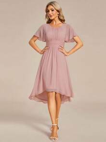 Vestido de dama de honor elegante con mangas con volantes y plisado de gasa rosa para mujer en otoño, vestido formal para invitados de boda