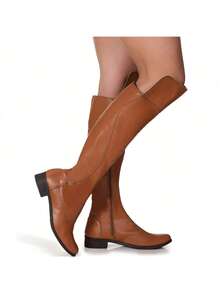 Women's Over The Knee High Boot With Low Heel And Zipper - Camel - Ver 1