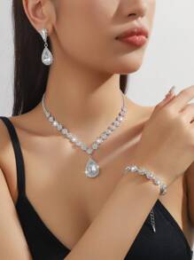 1 Pair Of Earrings + 1 Necklace + 1 Bracelet Elegant Jewelry Set Silver Plated Inlaid Rhinestone Multi Colors For U To Choose Match Daily Outfits