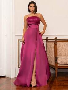 LONG WEDDING PARTY DRESS FOR GODMOTHER, STRAP-FIT, SATIN WITH SEQUINS - FUCHSIA - View 1