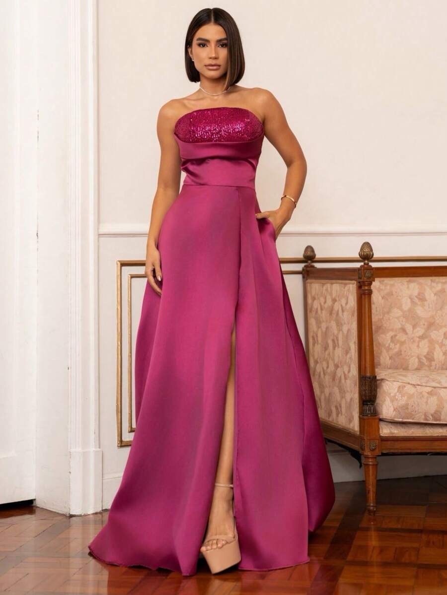 LONG WEDDING PARTY DRESS FOR GODMOTHER, STRAP-FIT, SATIN WITH SEQUINS - FUCHSIA - View 1