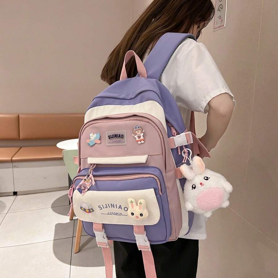 2022 新しい女性の韓国語バージョン原宿インスタイルコントラストカラー中学生バックパックファッション学生バックパック学生スクールバッグ - 紫のトランペット - チェックする 1