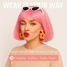 Pink Wavy Short Wig – 12" Curly Pastel Bob Synthetic Wig For Women Girls, Ideal For Cosplay Or Party