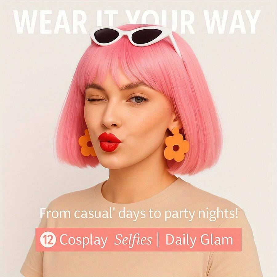 Pink Wavy Short Wig – 12" Curly Pastel Bob Synthetic Wig For Women Girls, Ideal For Cosplay Or Party