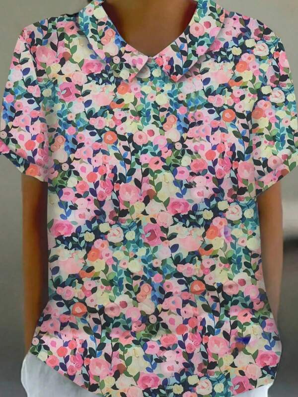 Plus Size Women Floral Print Short Sleeve Loose Casual Shirt