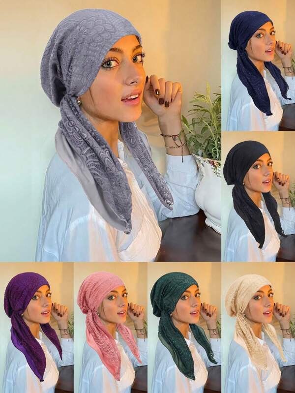1pc New Lace Arch Headwrap Hat, Elastic Solid Color Muslim Women Underscarf Cap