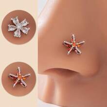 1pc Fashionable Elegant Minimalist Copper & Cubic Zirconia Flower Shaped L-Shaped Nose Stud, Daily Wear, Holiday Party, Birthday Gift For Women