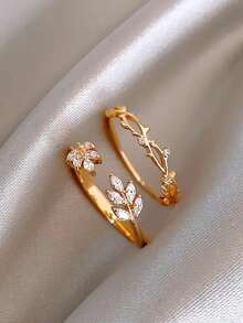 5 件套优雅奢华花卉、树叶、几何铜微镶嵌合成锆石戒指套装，适合度假、派对、婚礼、日常佩戴 - 金黃色 - 查看 7