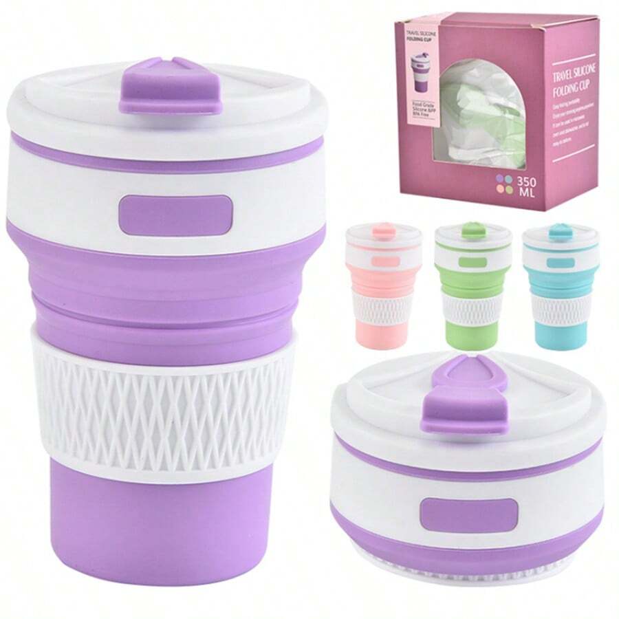 Tazas plegables y portátiles de silicona para café y agua, con tapa a prueba de fugas, para camping al aire libre y viajes