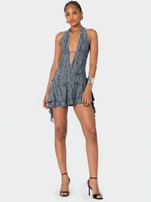 Deep V-Neck Backless Ripped Apocalyptic Style Asymmetrical Sexy Mini Dress - Dusty Blue - View 3