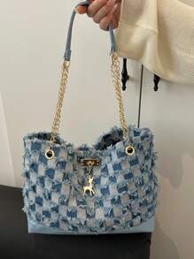 Bolso de hombro con hebilla decorativa, costuras, cadena para el hombro, bolso de mujer con hebilla decorativa, bolso tipo hobo de moda urbana, adecuado para compras, citas, regalo para mujeres, apropiado para adolescentes, estudiantes universitarias, trabajo, negocios, ir y venir
