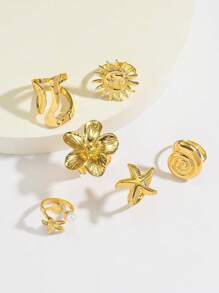6pcs Fashionable & Unique Sun, Flower, Geometric Multi-Element Metal Design Open Rings Set For Women, Suitable For Outfits, Everyday Wear, Jewelry Accessory
