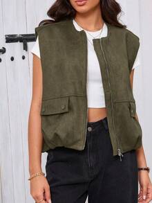 Seelio 春夏新款女士天鹅绒质感背心外套 - 軍綠色 - 查看 1