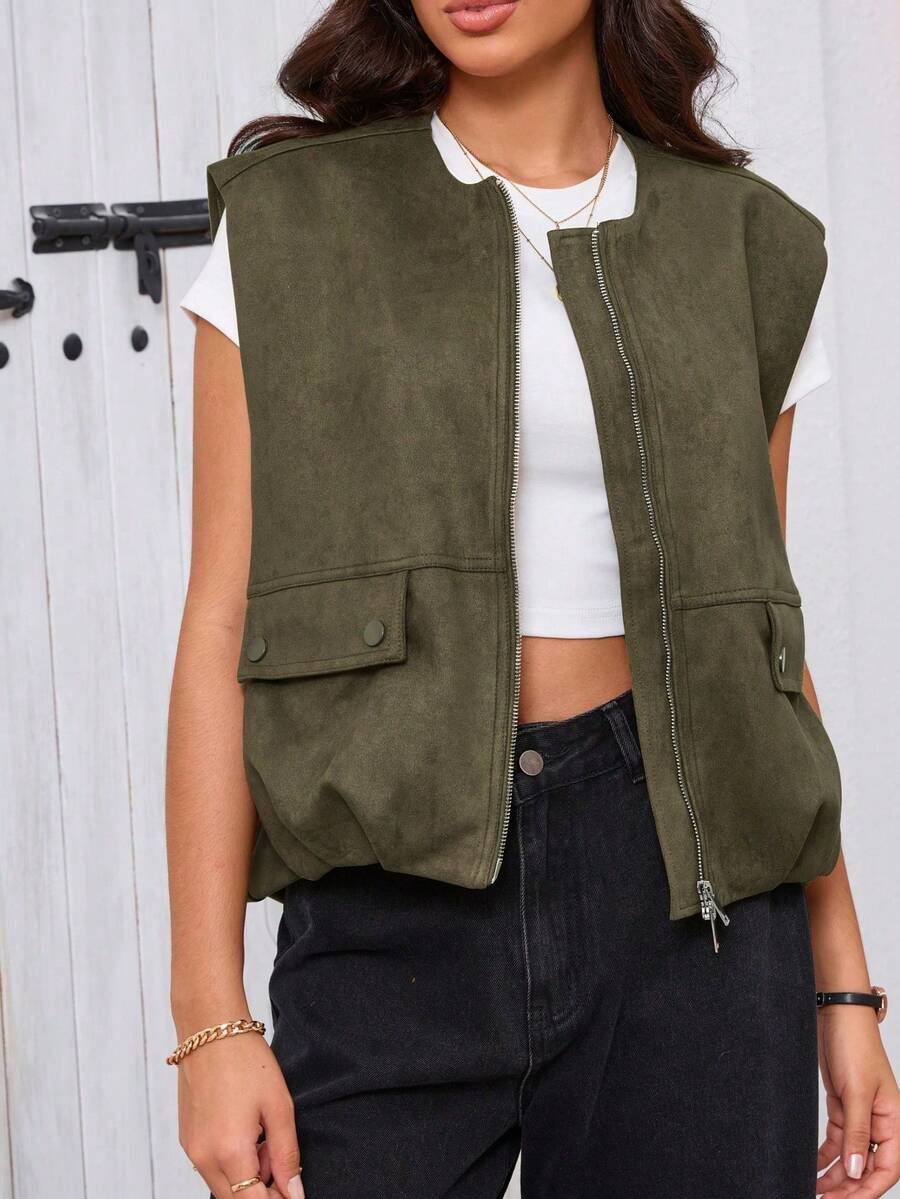 Seelio 春夏新款女士天鹅绒质感背心外套 - 軍綠色 - 查看 1